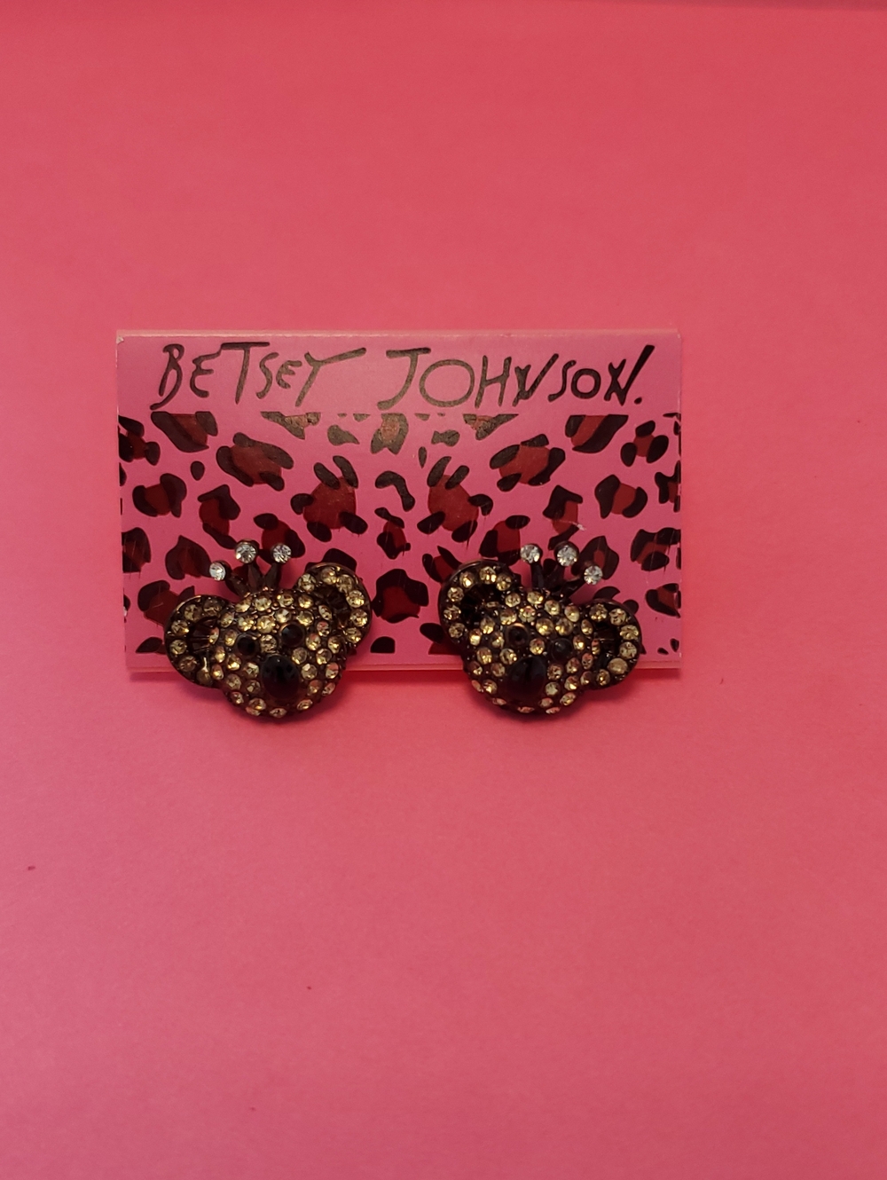 Betsey Johnson Gold and Black Crystal Bear Stud Earrings